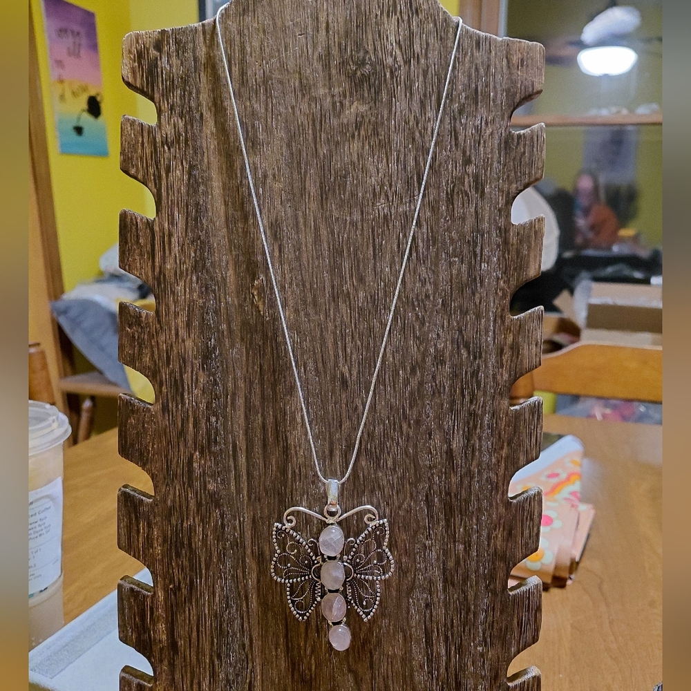 Silver Rose Quartz Butterfly Pendant Necklace - Picture 2 of 7